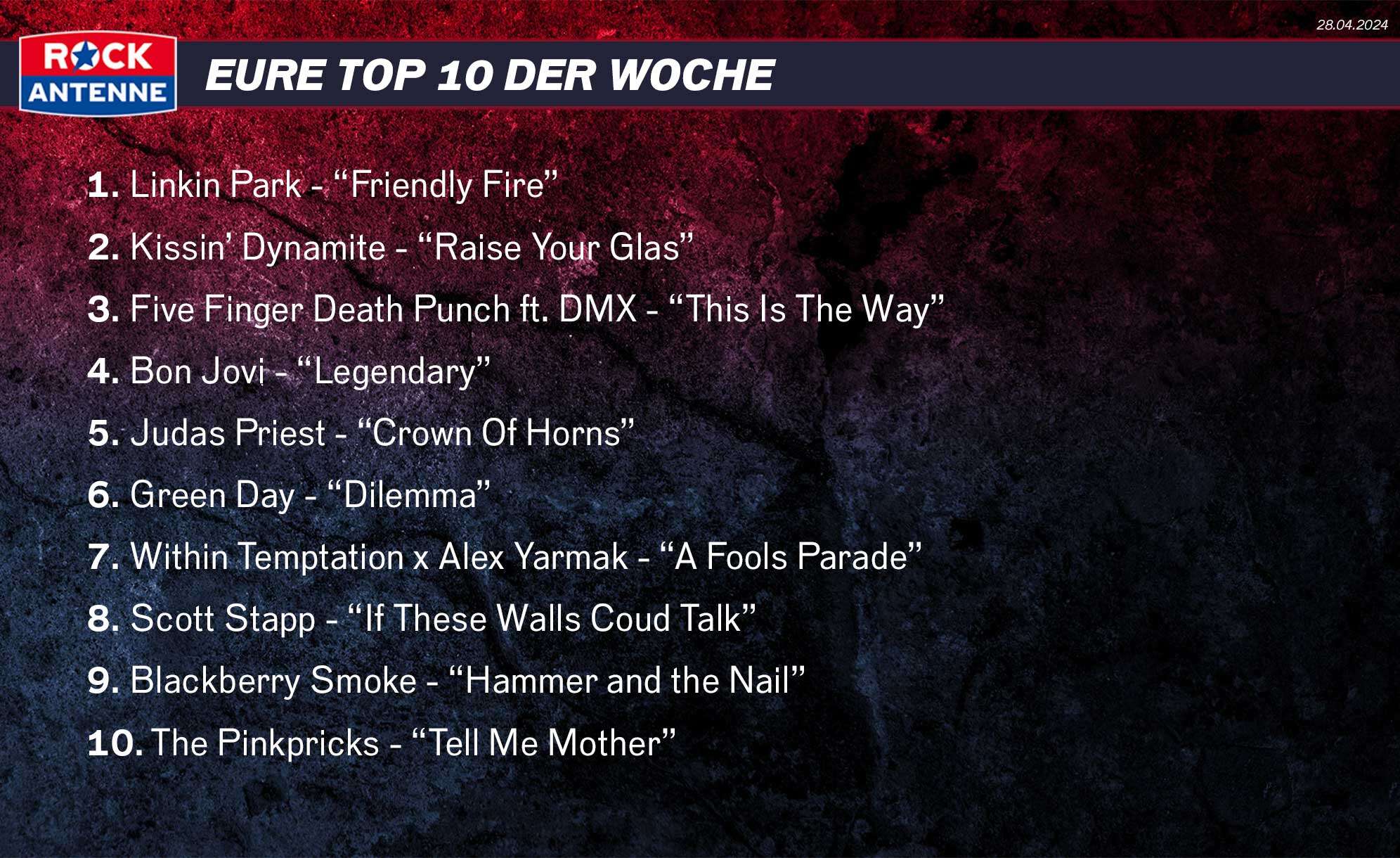 Die Top 10 der Woche vom 27.04.2024: 1. Linkin Park - “Friendly Fire” 2. Kissin’ Dynamite - “Raise Your Glas” 3. Five Finger Death Punch ft. DMX - “This Is The Way” 4. Bon Jovi - “Legendary” 5. Judas Priest - “Crown Of Horns” 6. Green Day - “Dilemma” 7. Within Temptation x Alex Yarmak - “A Fools Parade” 8. Scott Stapp - “If These Walls Coud Talk” 9. Blackberry Smoke - “Hammer and the Nail” 10. The Pinkpricks - “Tell Me Mother”