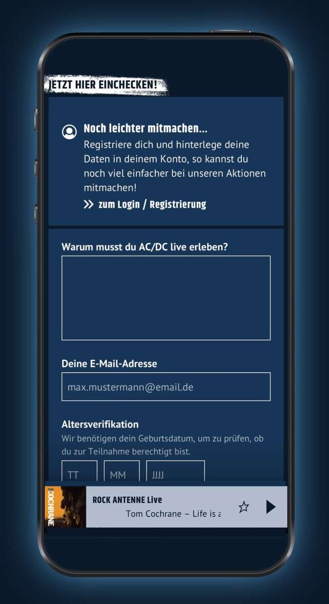 Screenshot der ROCK ANTENNE App auf der Aktuelles-Seite mit dem Teilnahme-Formular des Mega Konzerte März
