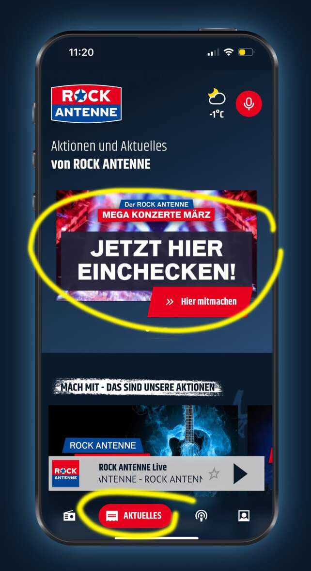 Screenshot der ROCK ANTENNE App auf der Aktuelles-Seite mit der Aktion - der ROCK ANTENNE Mega Konzerte März - im Fokus