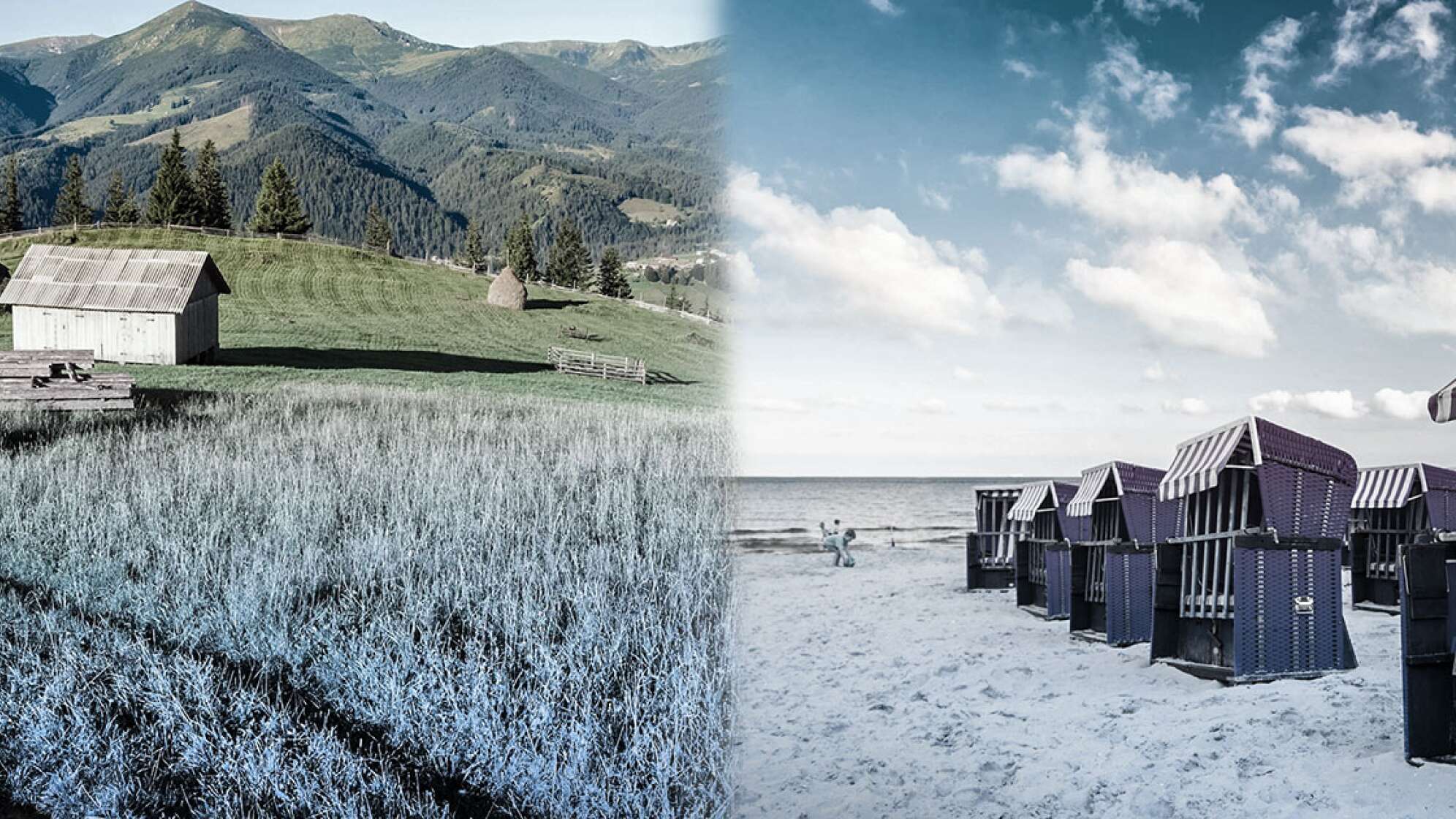 Alpenlandschaft auf der linken Seite, Strandkörbe an der Nordsee auf der rechten Bildseite