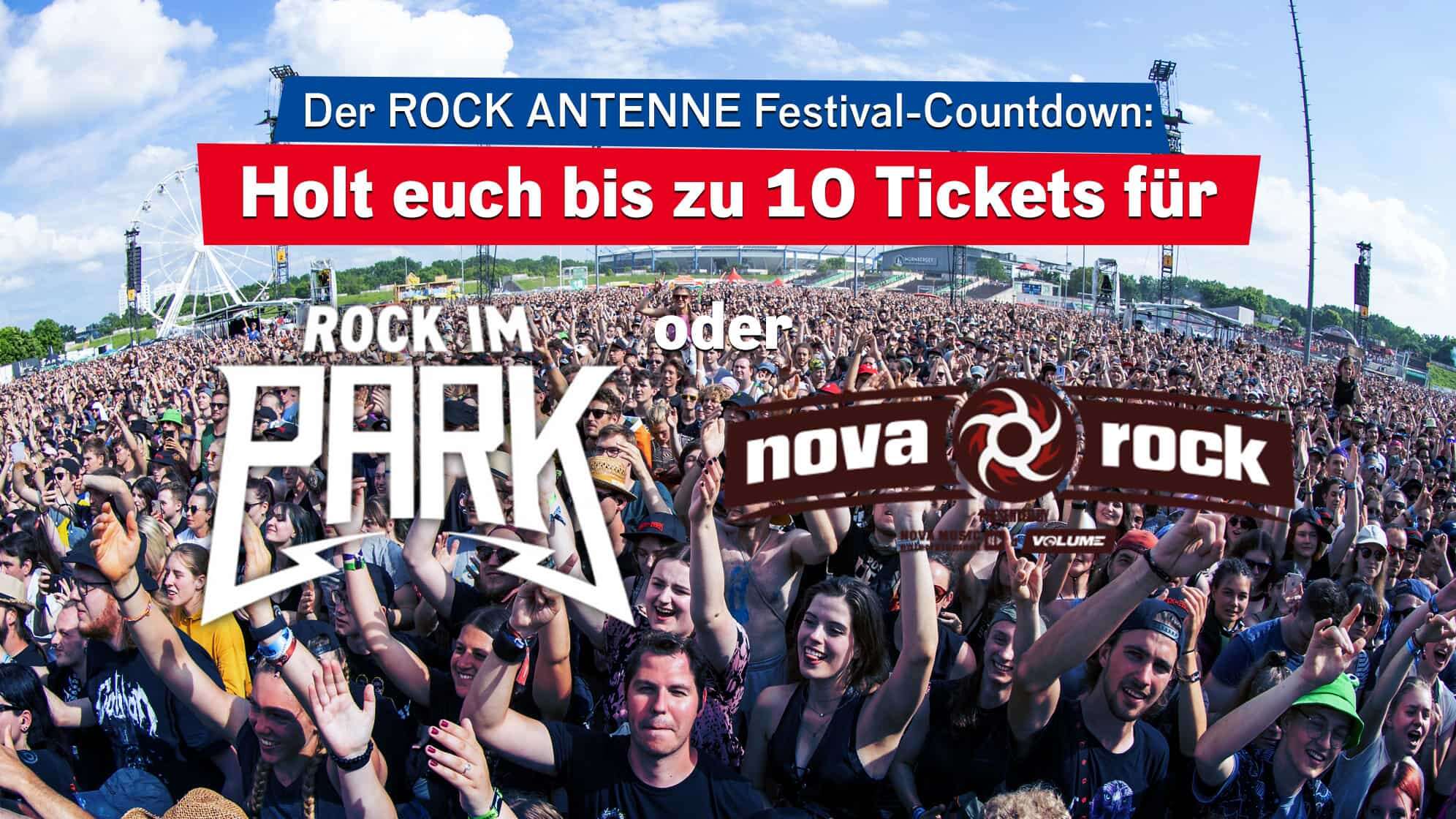 Foto von der Menschenmenge bei ROCK IM PARK, dazu der Text: der ROCK ANTENNE FestivalCountdown: Holt euch bis zu 10 Tickets für Rock im Park oder Nova Rock