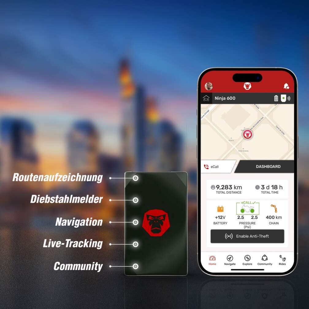 Ein Smartphone mit der geöffneten RideLink App vor dem verschwommenen Hintergrund einer Stadt, dazu der Text: Routenaufzeichnung, Diebstahlmelder, Navigation, Live-Tracking, Community