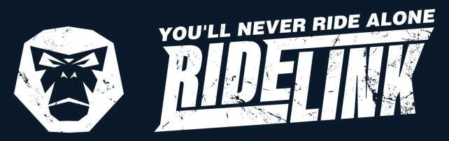 Logo der Motorradapp Ridelink mit Slogan "You'll never Ride alone"