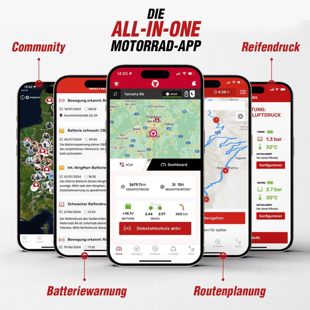 Verschiedene Smartphones nebeneinander, jeweils mit der geöffneten RideLink App und unterschiedlichen Bildschirmansichten