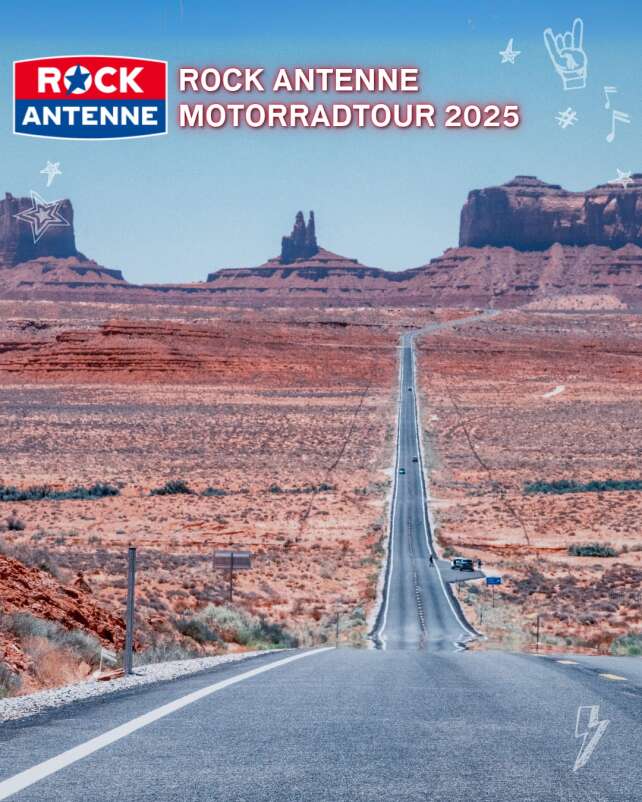 Fotorahmen für die ROCK ANTENNE Motorradtour 2025, im Hintergrund ist ein Foto der Route 66 in den USA zu sehen