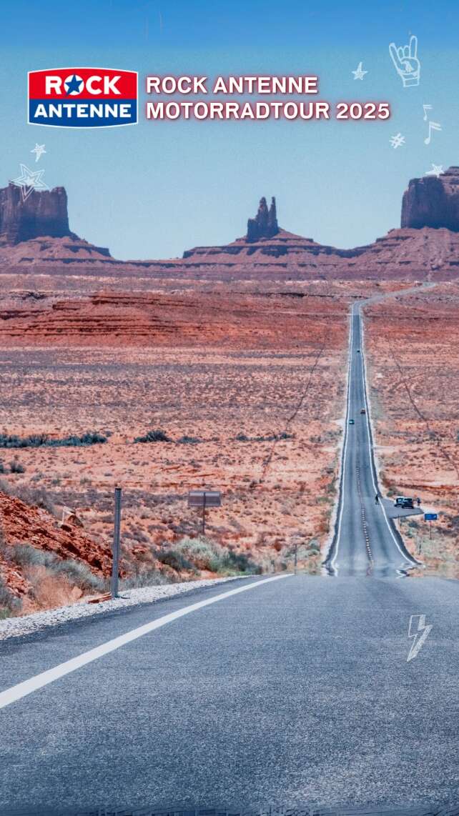 Fotorahmen für die ROCK ANTENNE Motorradtour 2025, im Hintergrund ist ein Foto der Route 66 in den USA zu sehen