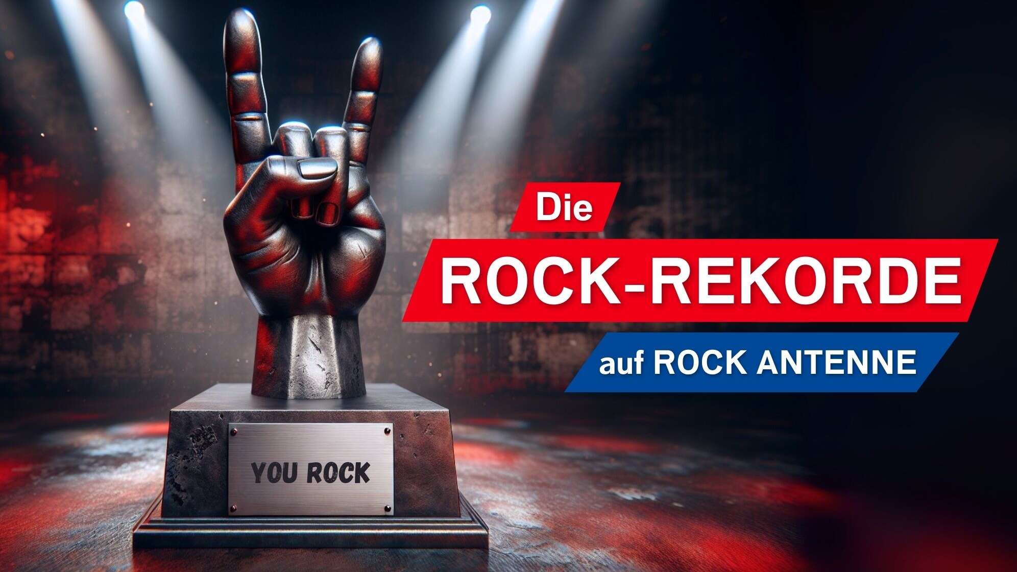 Ein Pommesgabel-Pokal vor Scheinwerfern im Hintergrund, daneben der Text: Die Rock-Rekorde auf ROCK ANTENNE