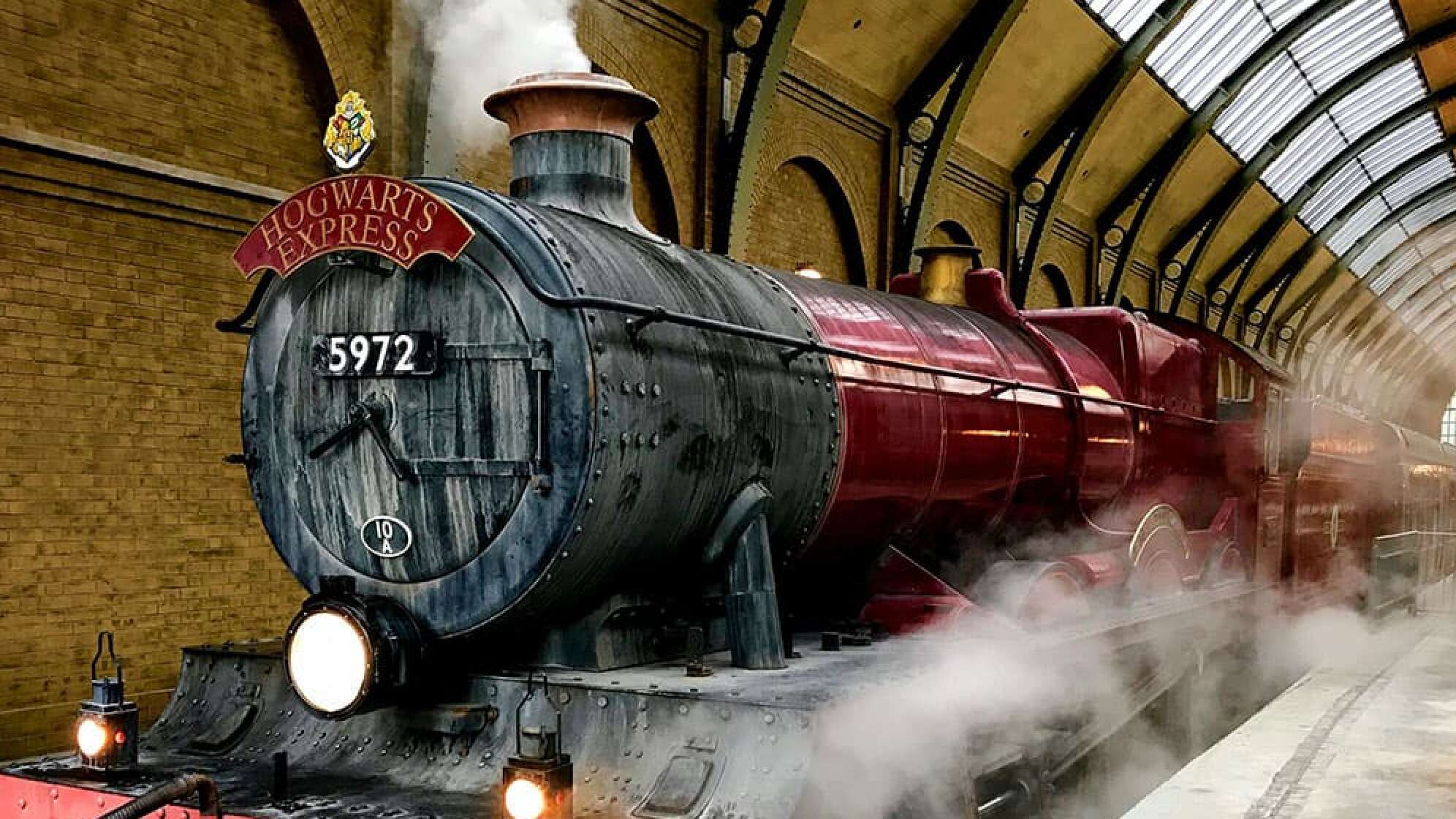 Der Hogwarts Express fährt in einen Bahnhof ein