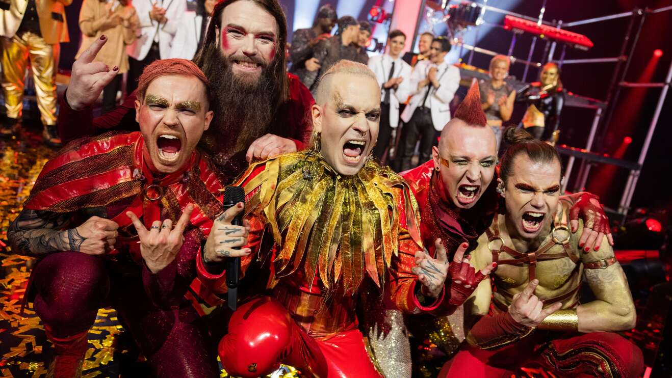 Lord Of The Lost Bandfoto nachdem sie den Vorentscheid für den Eurovision Song Contest 2023 gewonnen haben.