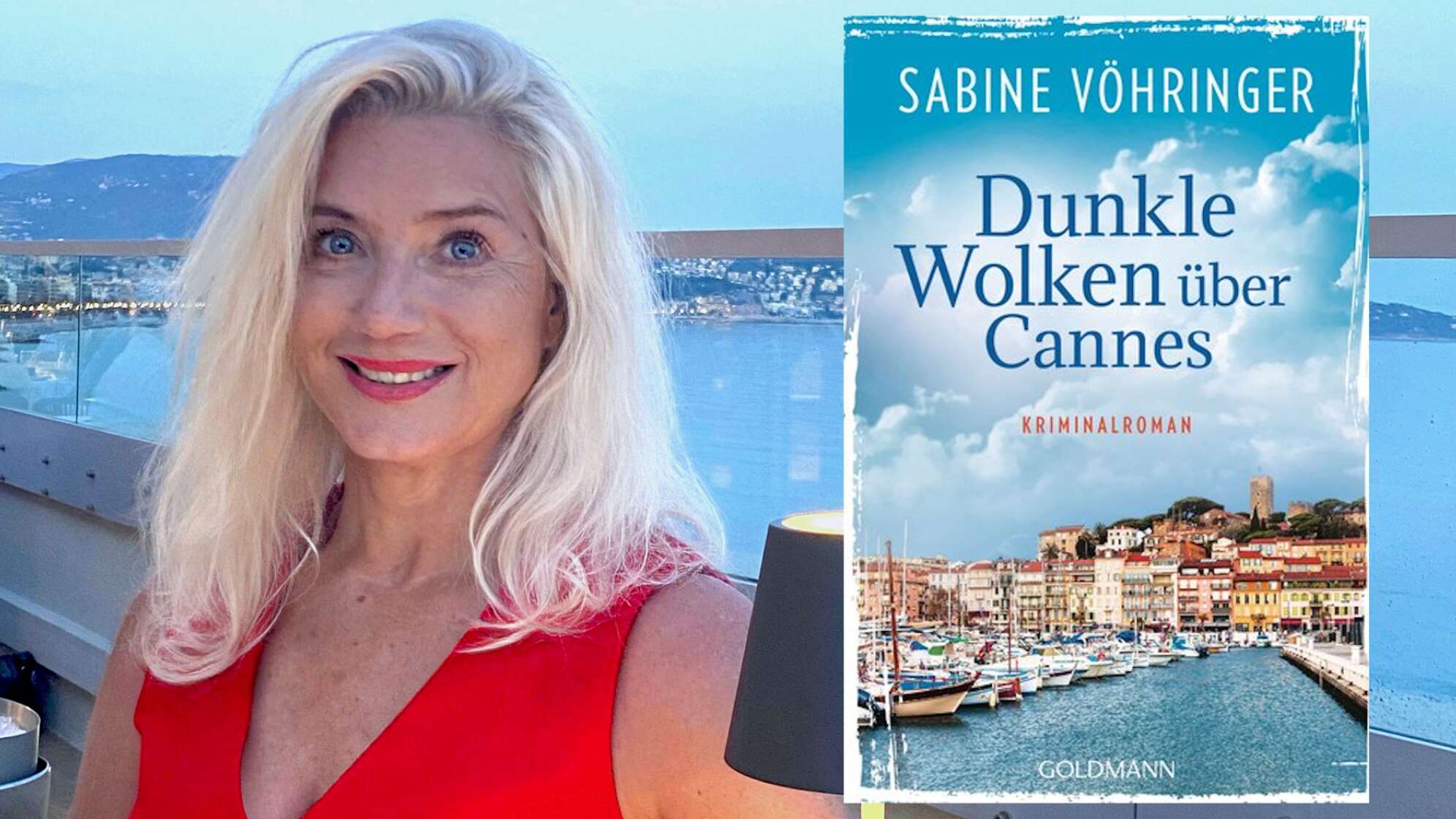 Ein Bild von Buchautorin Sabine Vöhringer und dazu das Buchcover ihres Kriminalromans "Dunkle Wolken über Cannes"