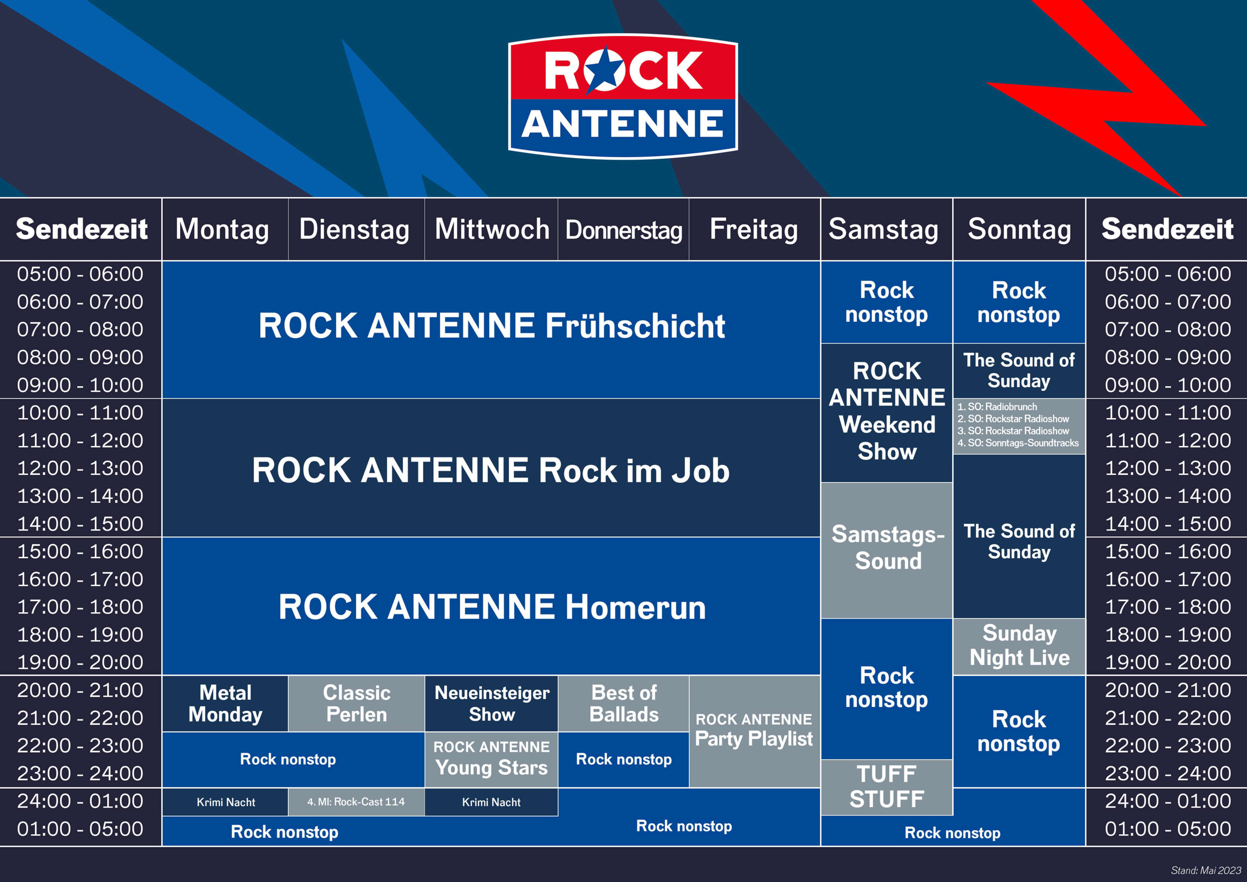 Das Programmschema von ROCK ANTENNE mit allen Sendungen im Wochenüberblick