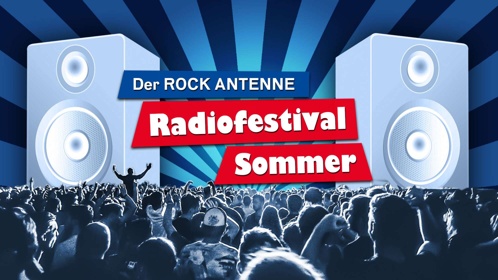 Die Aktionsgrafik des "ROCK ANTENNE Radiofestival Sommer" - eine animierte Grafik mit Konzertbesuchern, großen Lautsprechern und Strahlen im Hintergrund