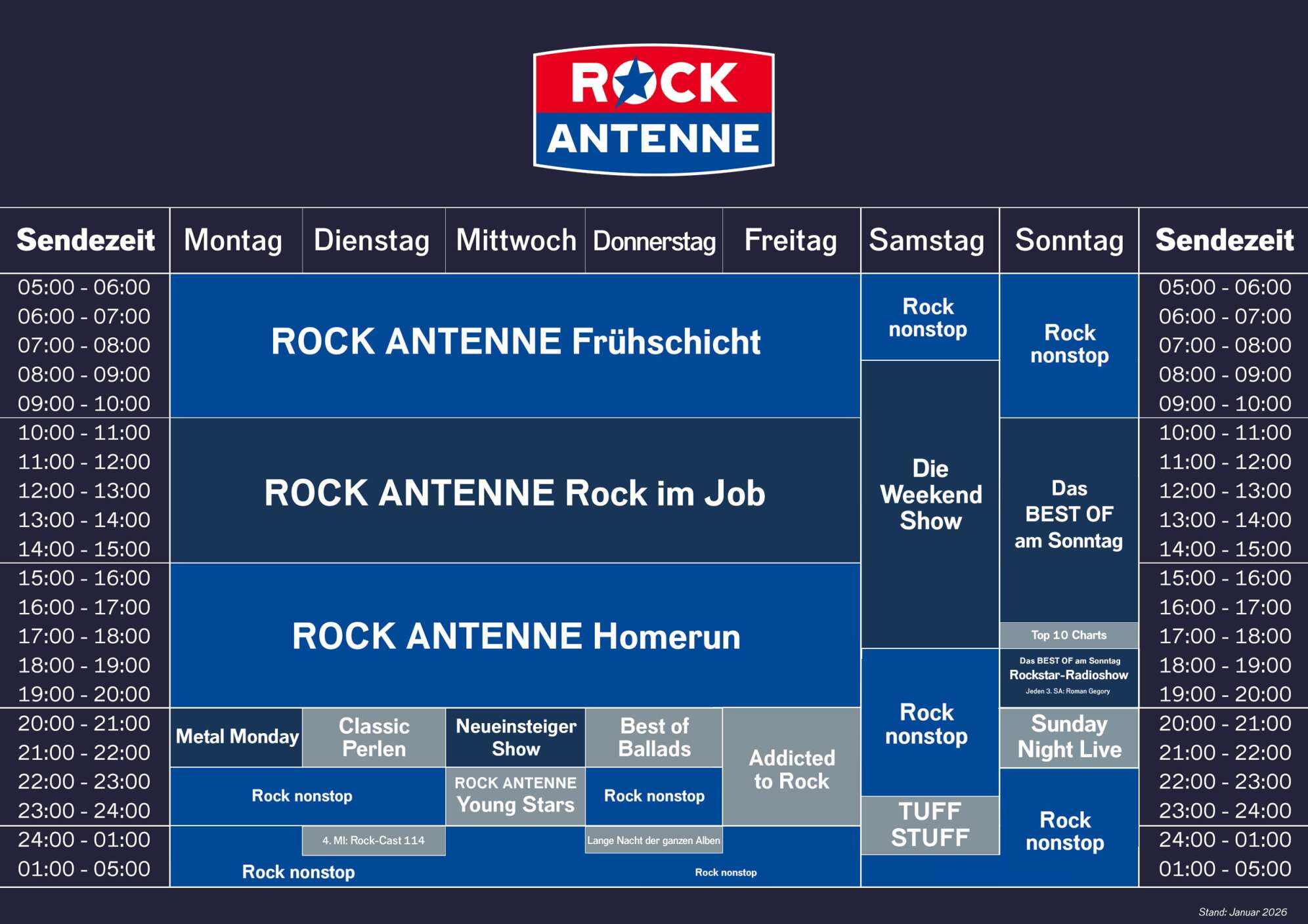 Das Sendeschema Stand Januar 2026