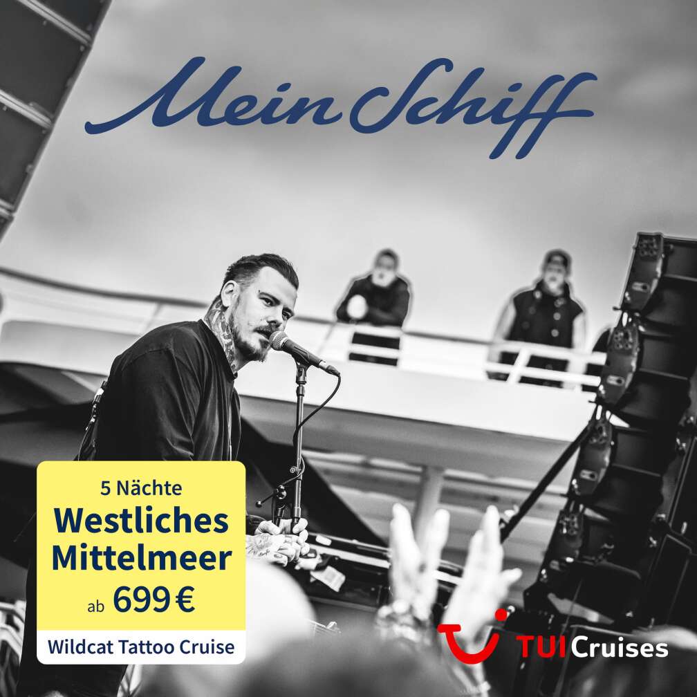 Musiker auf der Pool Deck Stage bei der Wildcat Tattoo Cruise, dazu der Text: 5 Nächte Westliches Mittelmeer ab 699 Euro