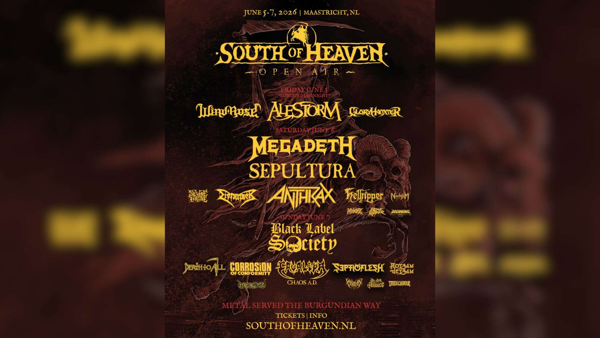 Das Line Up vom South Of Heaven Open Air 2026 in den Niederlanden mit Anthrax, Megadeth, Black Label Society, Alestorm und vielen mehr!