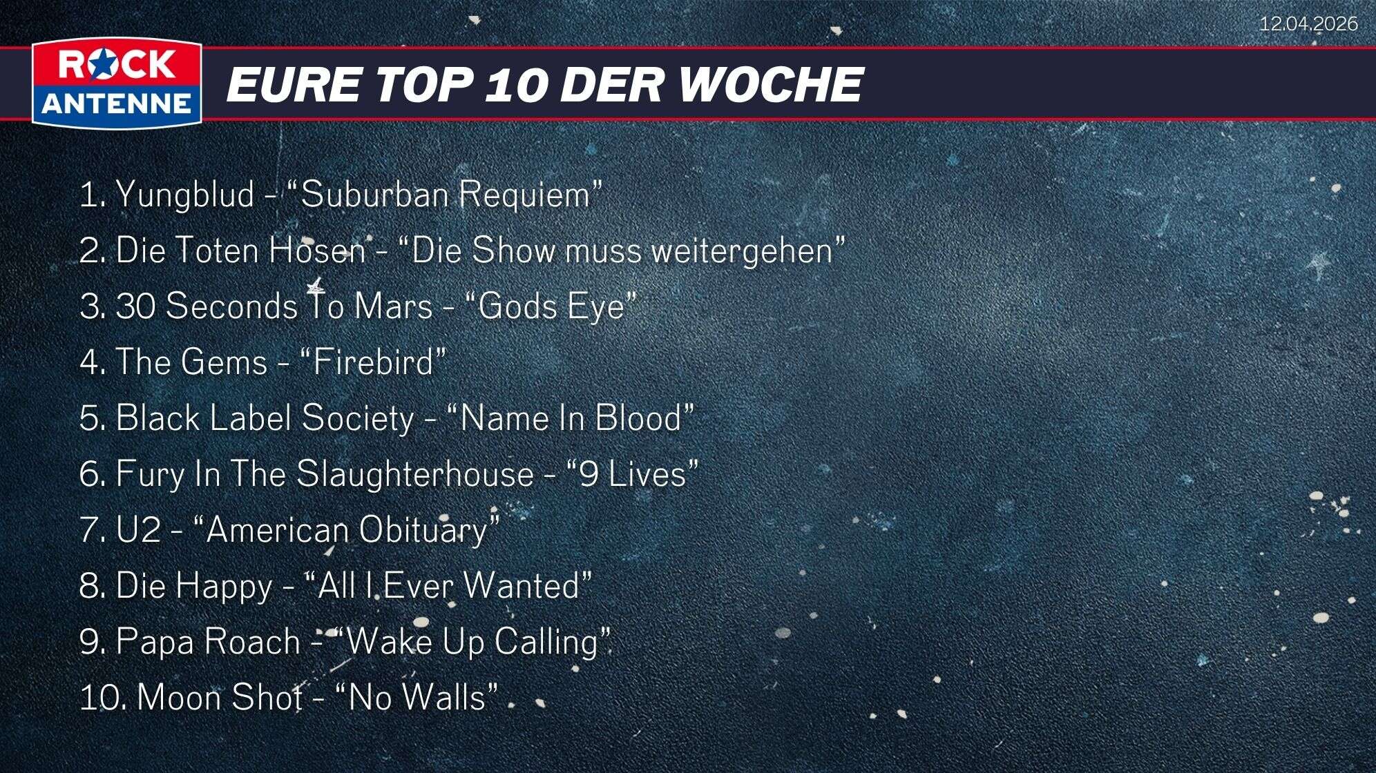 Die Top 10 vom 12.04.2026: 1. Yungblud - “Suburban Requiem” 2. Die Toten Hosen - “Die Show muss weitergehen” 3. 30 Seconds To Mars - “Gods Eye” 4. The Gems - “Firebird” 5. Black Label Society - “Name In Blood” 6. Fury In The Slaughterhouse - “9 Lives” 7. U2 - “American Obituary” 8. Die Happy - “All I Ever Wanted” 9. Papa Roach - “Wake Up Calling” 10. Moon Shot - “No Walls”
