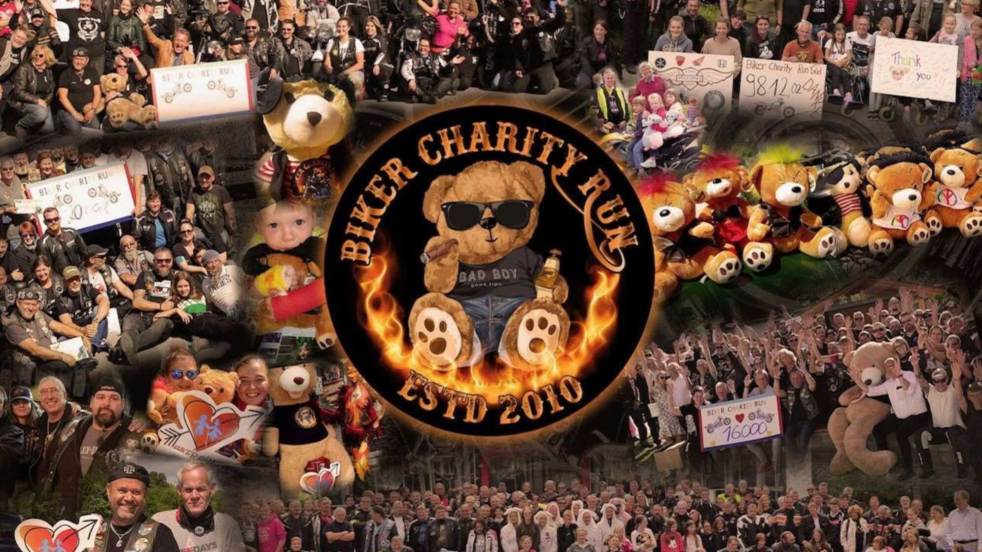 Collage zum Biker Charity Run in Bad Tölz: Zahlreiche Motorradfahrerinnen und Motorradfahrer sowie Familien posieren mit Spendenchecks, Kindern und Plüschteddys, in der Mitte das Logo „Biker Charity Run – ESTD 2010“ mit brennendem Teddybär – motorradbegeisterte Benefizveranstaltung in Bayern zugunsten von Kindern.