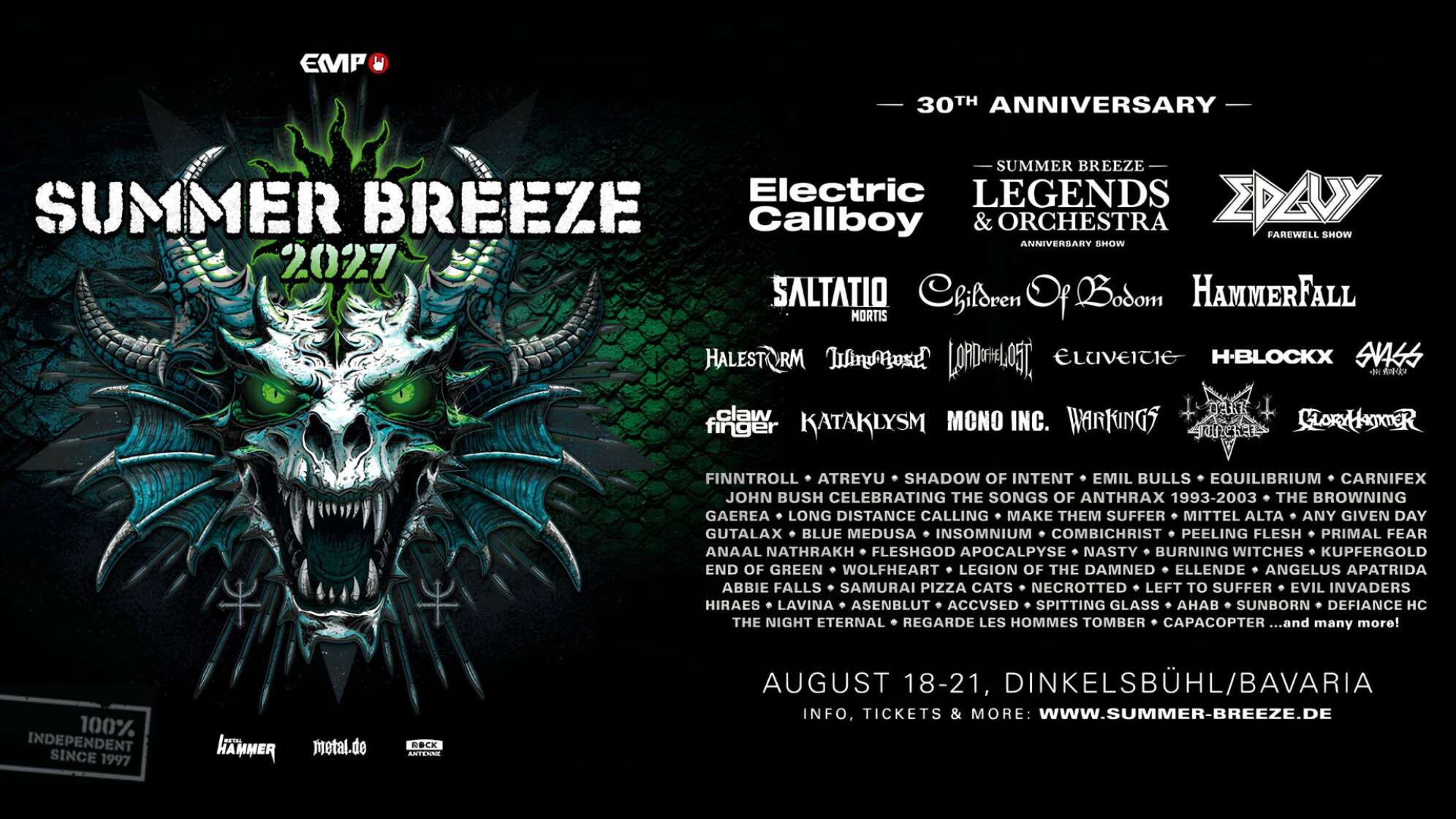 Flyer der ersten Bandwelle für das Summer Breeze Open Air Metalfestival von 18. bis 21. August 2027 in Dinkelsbühl mit Bands wie Electric Callboy, Edguy, Saltatio Mortis und vielen mehr