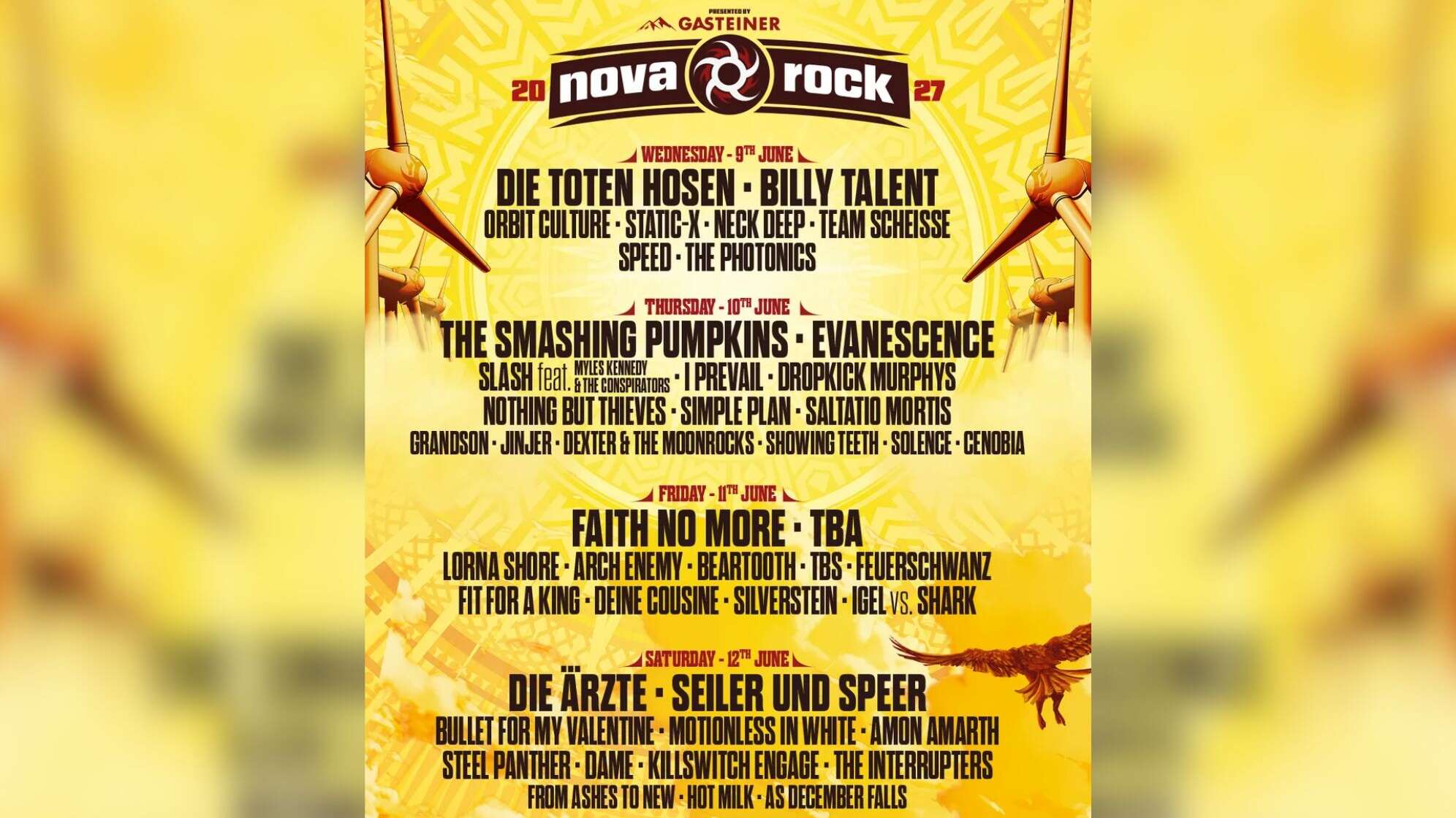 Erste Bandwelle für das Nova Rock Festival 2027 in Österreich, u.A. mit die Toten Hosen, Evanescence, Faith No More und Billy Talent