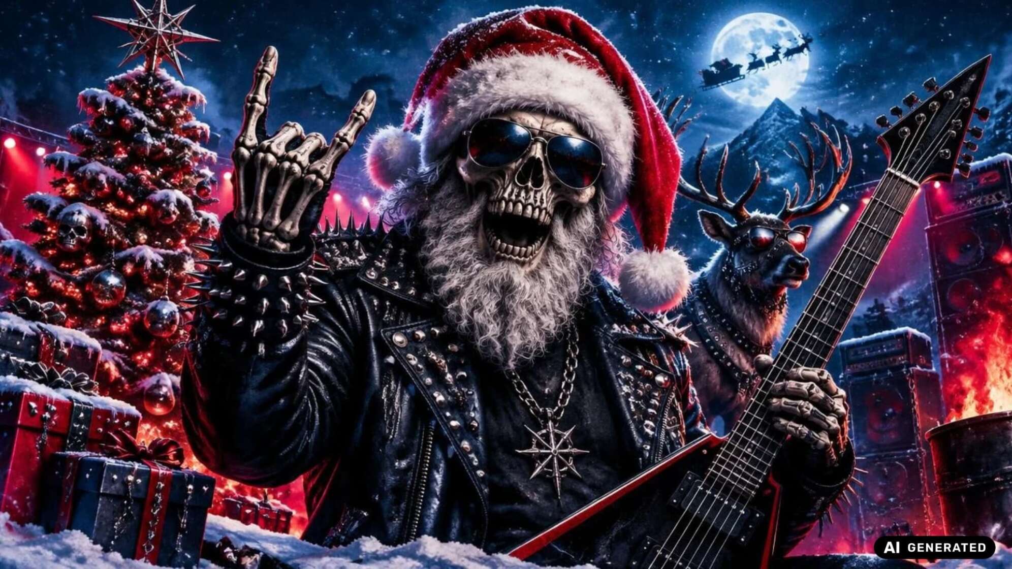 Skelett-Weihnachtsmann mit Sonnenbrille, Bart und Nietenjacke zeigt den Teufelsgruß und hält eine rote Flying-V-Gitarre. Neben ihm steht ein Rentier mit Sonnenbrille, dahinter Weihnachtsbaum mit Totenkopf-Schmuck, Geschenke, Verstärkertürme, Flammen und Vollmond mit fliegendem Schlitten. Symbolbild, KI-generiert.