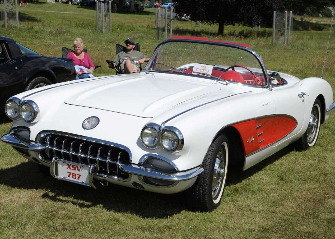 weiß-rote Chevrolet Corvette parkt auf Gras
