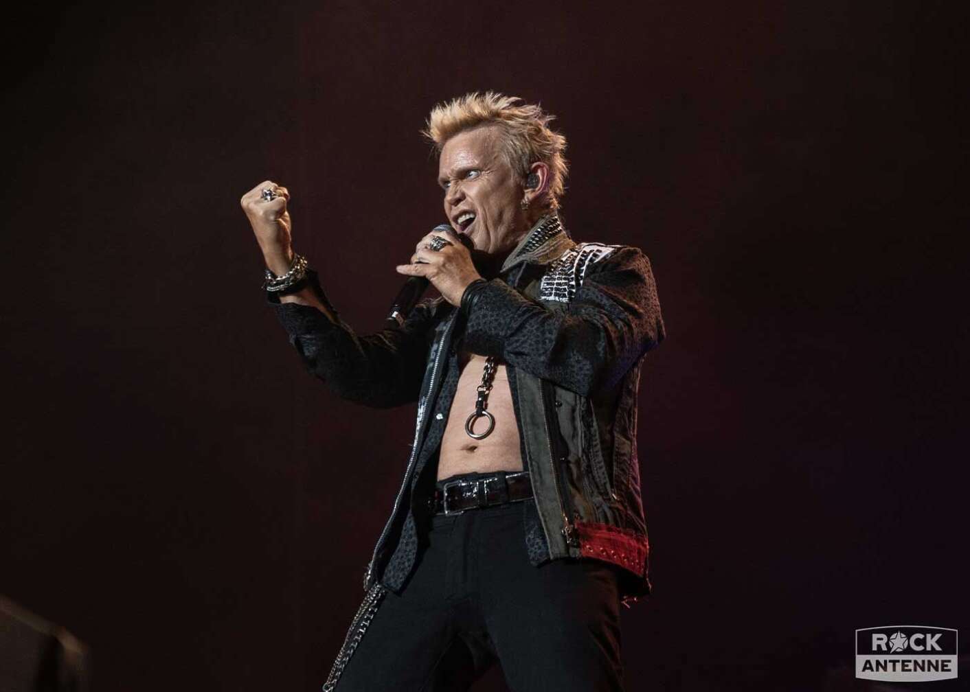 Billy Idol streckt die Faust nach oben und singt