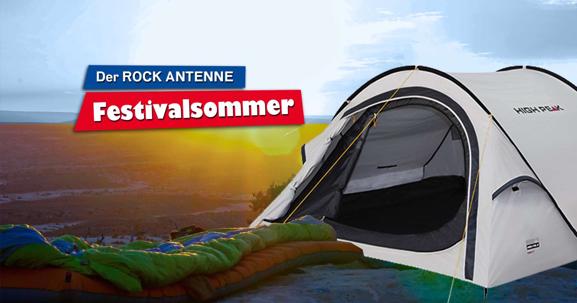 Ein Bild eines Zelts von High Peak vor einem Sonnenuntergang mit der Aufschrift "Der ROCK ANTENNE Festivalsommer"