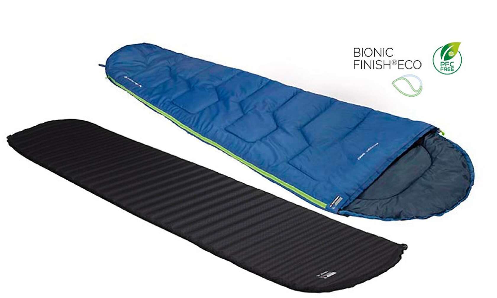 Bild eines Mumienschlafsacks Modell "Action 250" sowie selbstaufblasbarer Isomatte Modell "Minto XL" der Marke High Peak
