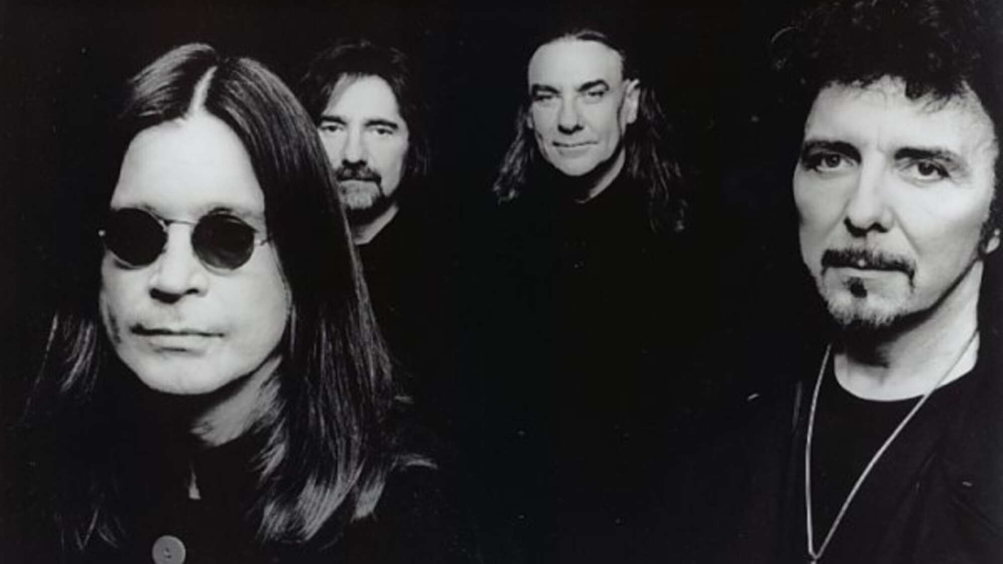 Black Sabbath Gruppenbild in Schwarz-Weiß