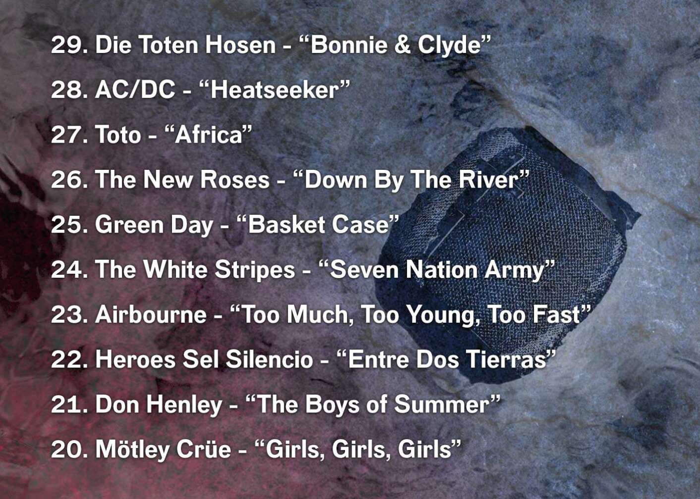 29. Die Toten Hosen - “Bonnie & Clyde” 28. AC/DC - “Heatseeker” 27. Toto - “Africa” 26. The New Roses - “Down By The River” 25. Green Day - “Basket Case” 24. The White Stripes - “Seven Nation Army” 23. Airbourne - “Too Much, Too Young, Too Fast” 22. Heroes Sel Silencio - “Entre Dos Tierras” 21. Don Henley - “The Boys of Summer” 20. Mötley Crüe - “Girls, Girls, Girls”