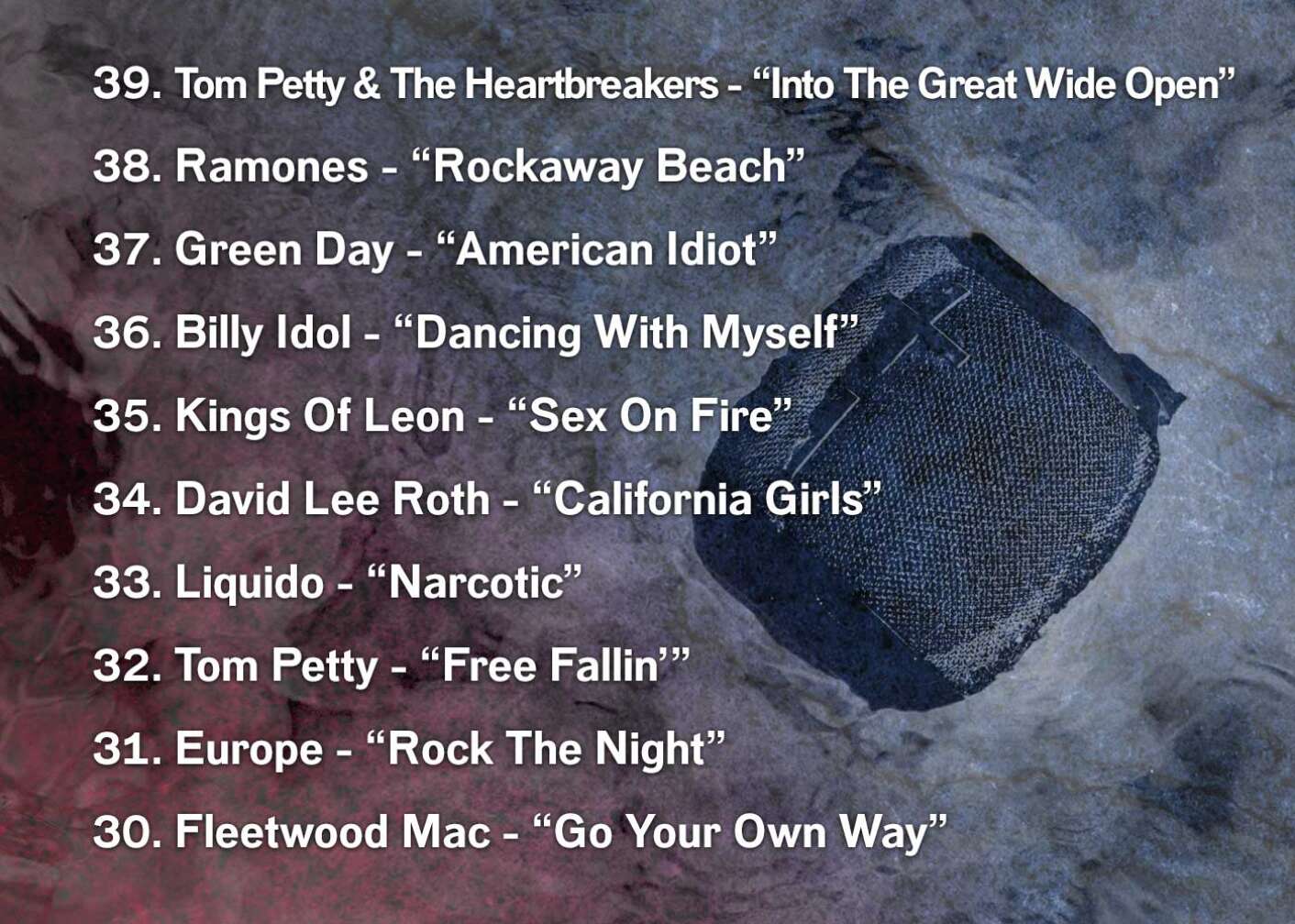 39. Tom Petty & The Heartbreakers - “Into The Great Wide Open” 38. Ramones - “Rockaway Beach” 37. Green Day - “American Idiot” 36. Billy Idol - “Dancing With Myself” 35. Kings Of Leon - “Sex On Fire” 34. David Lee Roth - “California Girls” 33. Liquido - “Narcotic” 32. Tom Petty - “Free Fallin’” 31. Europe - “Rock The Night” 30. Fleetwood Mac - “Go Your Own Way”