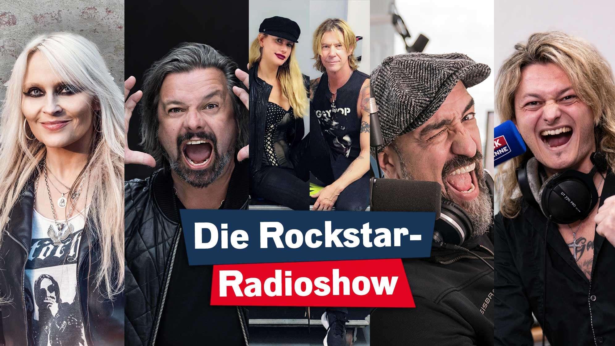 die Rockstar-Radioshow-Hosts: Doro Pesch, Henning Wehland, Susan und Duff McKagan, Alex Wesselsky, Hannes Braun