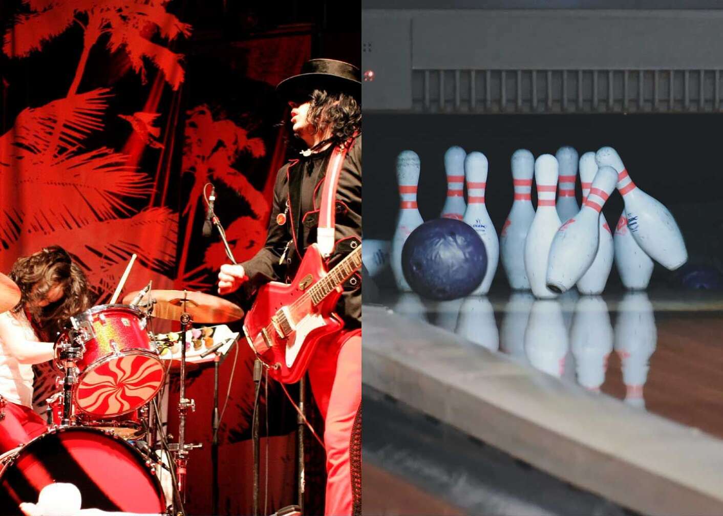 White Stripes bei einem Auftritt und eine Bowling-Bahn