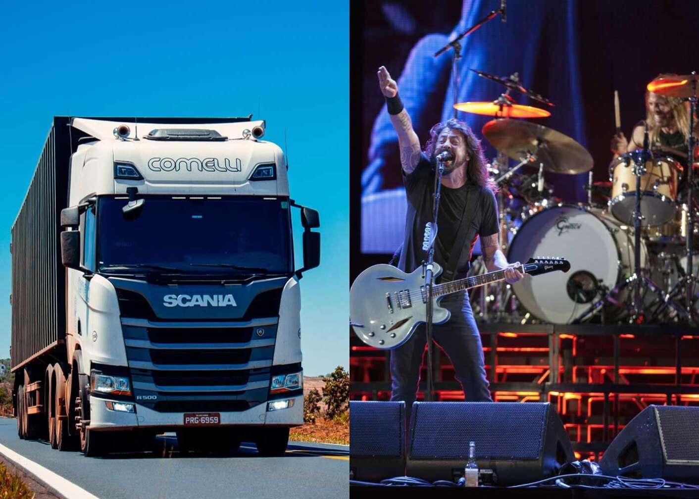 Ein Lkw und Dave Grohl (Foo Fighters) bei einem Auftritt