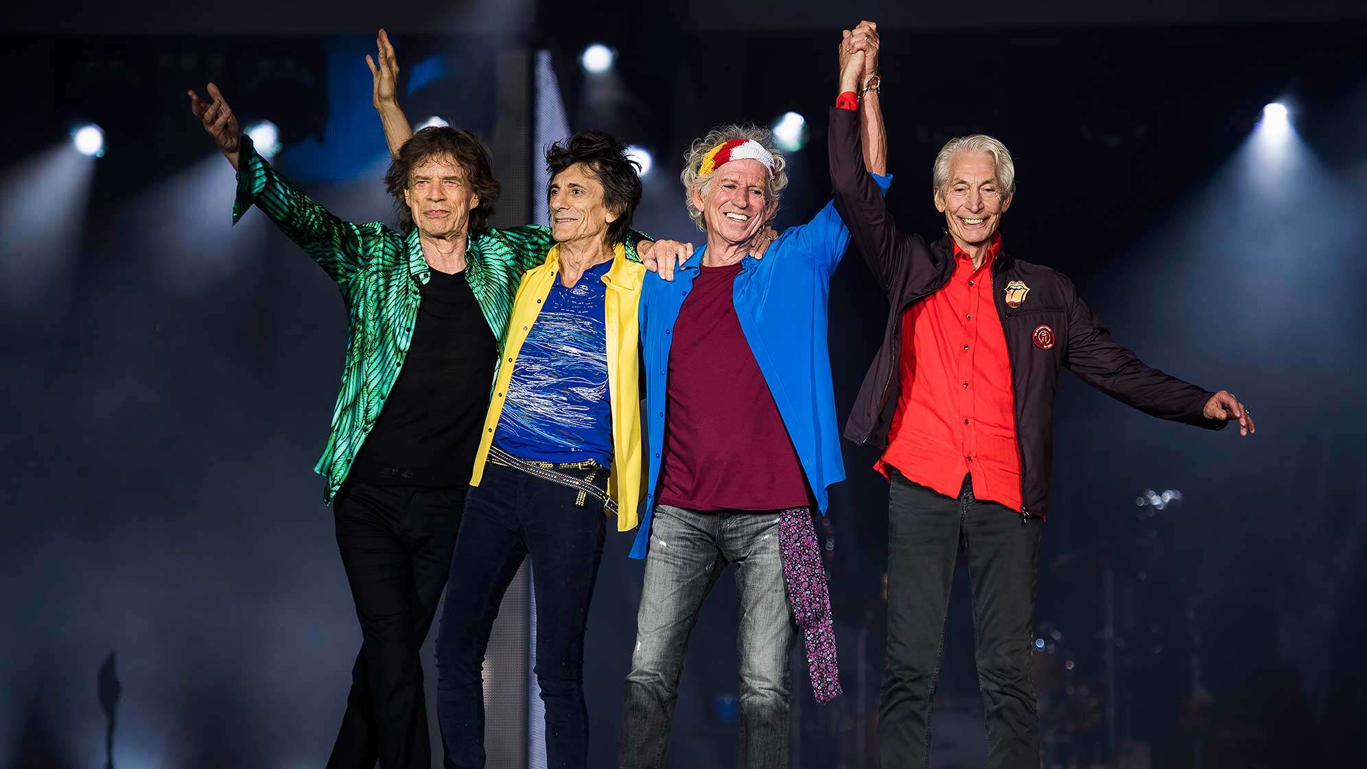 Ein Bandfoto der Rolling Stones - von links nach rechts: Mick Jagger, Ron Wood, Keith Richards und Charlie Watts.