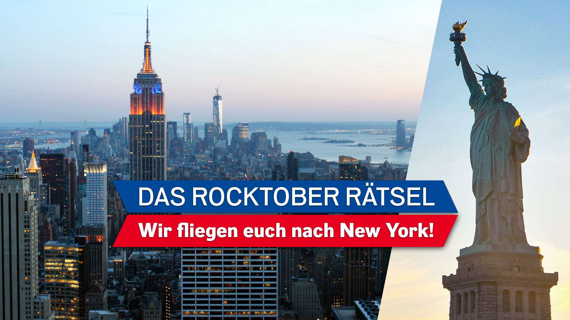 Bild von der Skyline New Yorks und der Freiheitsstatue, Text