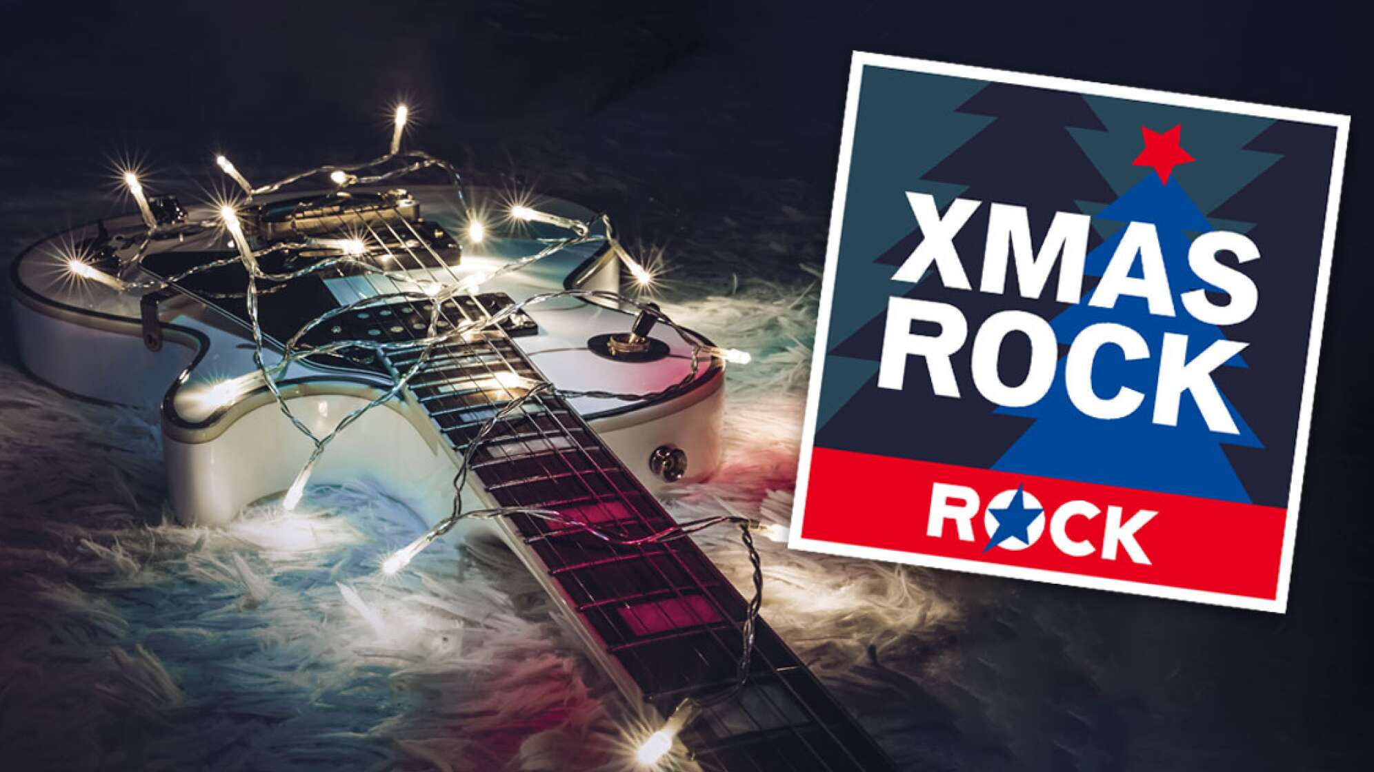 Eine Gitarre mit einer Lichterkette und dem XMAS-Rock-Stream-Logo