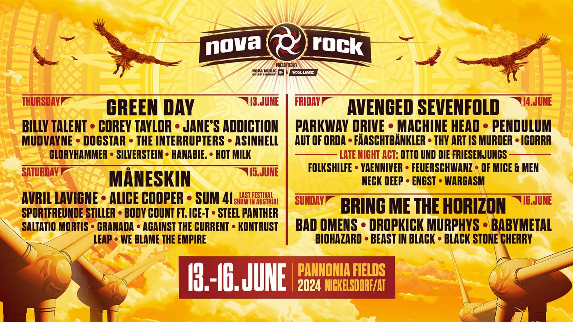 Das Lineup für das Nova Rock Festival 2024 mit Green Day, Avenged Sevenfold, Maneskin und Bring Me The Horizon