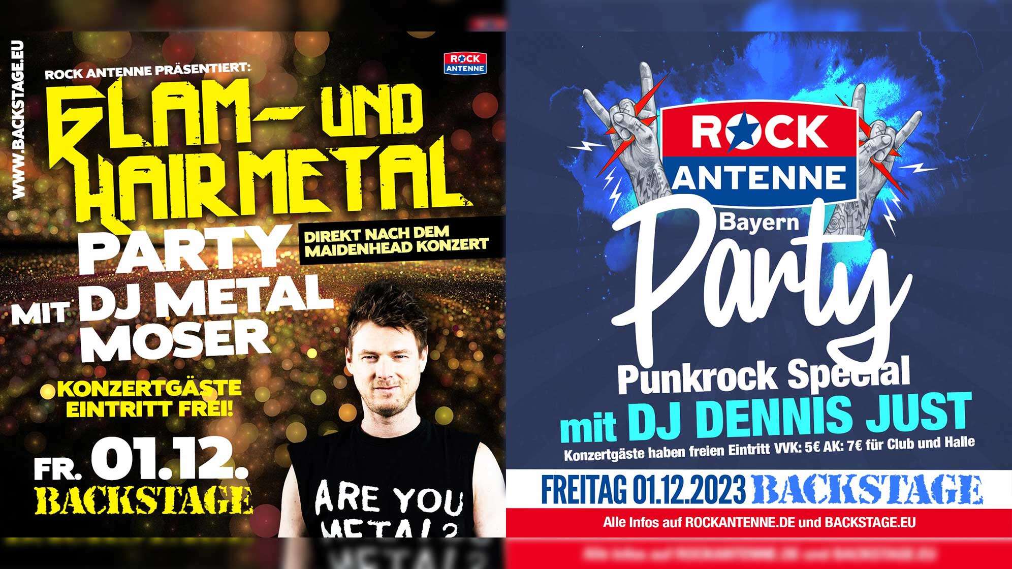 Zwei Plakate für beide DJ-Veranstaltungen im Backstage München am 01. Dezember 2023 mit dem Metalmoser und DJ Dennis Just von ROCK ANTENNE