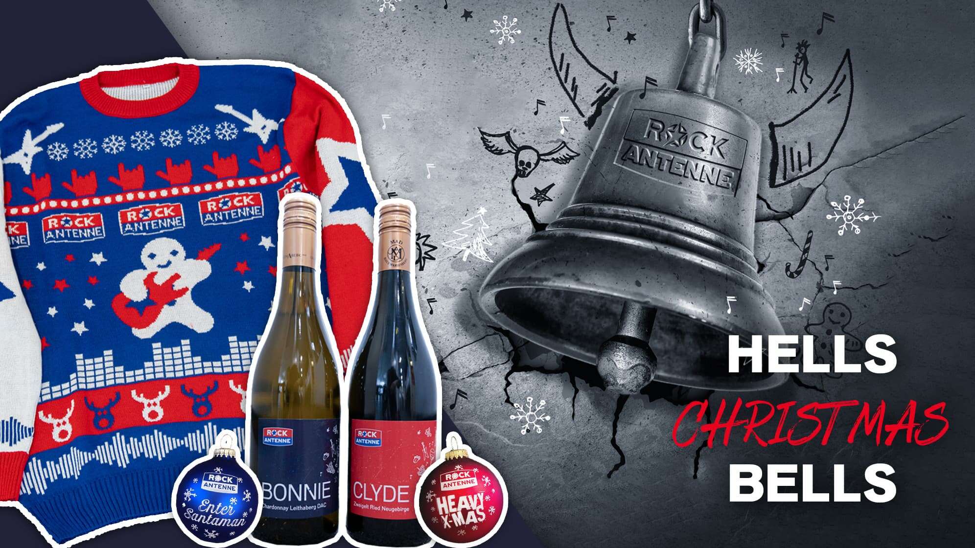 Aktionsgrafik der "ROCK ANTENNE Hells Christmas Bells" - eine stilisierte Glocke, dazu ein Abbild des ROCK ANTENNE Ugly Christmas Sweaters, 2 Flaschen ROCK ANTENNE Wein und 2 ROCK ANTENNE Weihnachtsbaumkugeln