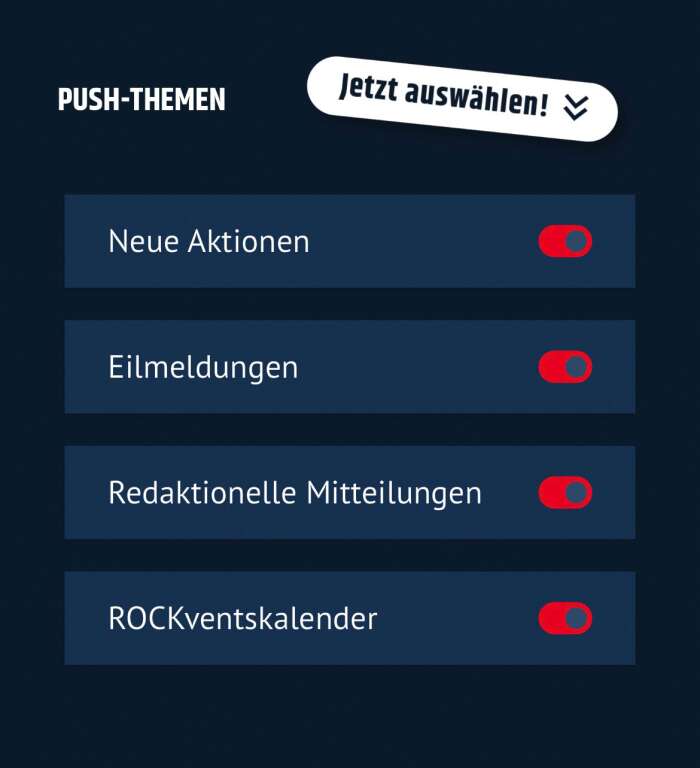 Screenshot der Push-Einstellungen in der ROCK ANTENNE App mit den verschiedenen Einstellungen für Neue Aktionen, Eilmeldungen, Redaktionelle Mitteilungen und ROCKventskalender