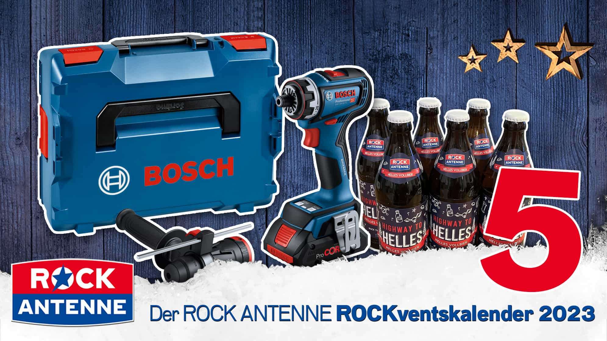 ROCK ANTENNE ROCKventskalender Türchen 5: BOSCH Professional Bohrschrauber Werkzeug Set mit ROCK ANTENNE Bier