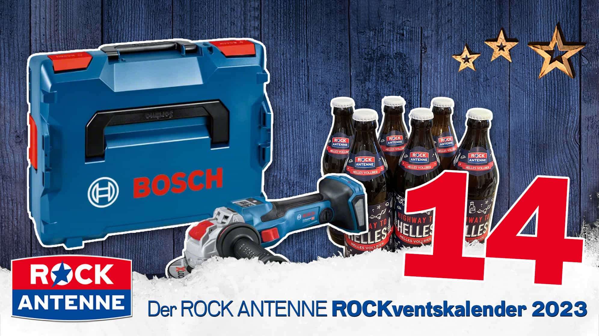 ROCK ANTENNE ROCKventskalender Türchen 14: BOSCH Professional Winkelschleifer Werkzeug Set mit ROCK ANTENNE Bier