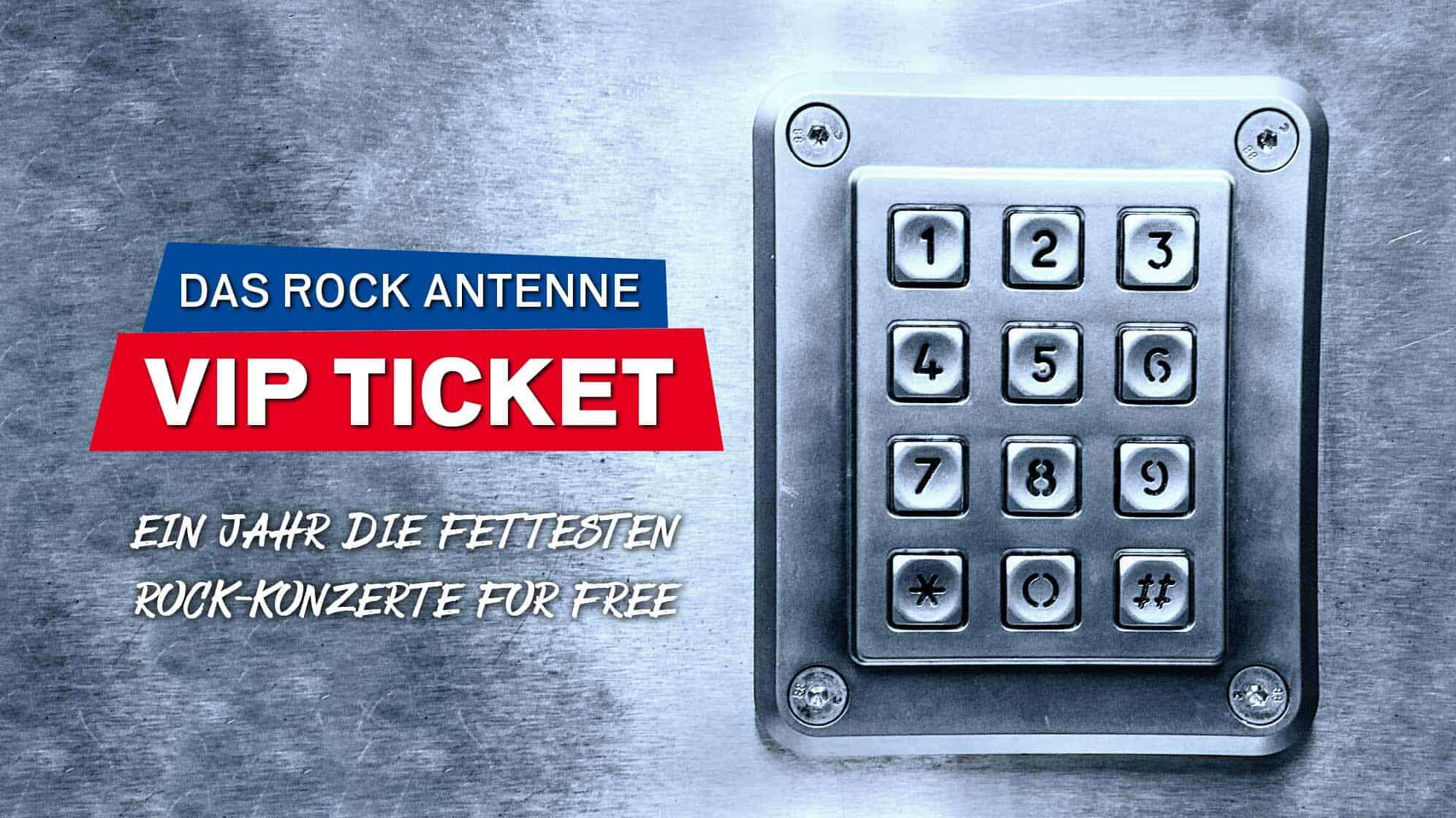 Bild eines Zahlenschlosses auf einer Tresortür, Text: Das ROCK ANTENNE VIP Ticket: Ein Jahr die fettesten Rock-Konzerte for free