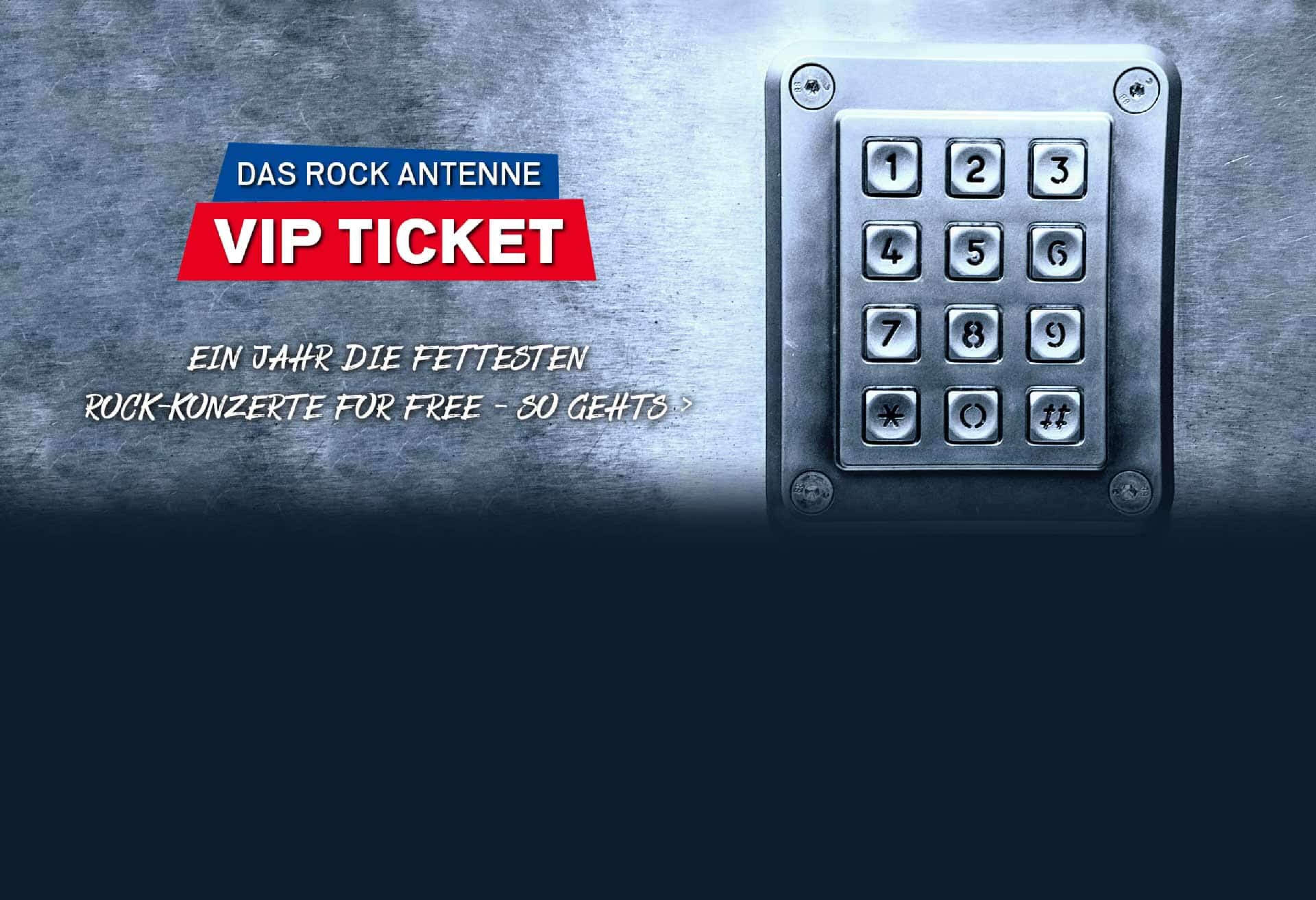 Bild eines Nummernpads auf einem Tresor, Text: Das ROCK ANTENNE VIP Ticket - ein Jahr lang die fettesten Rock-Konzerte for free - so gehts