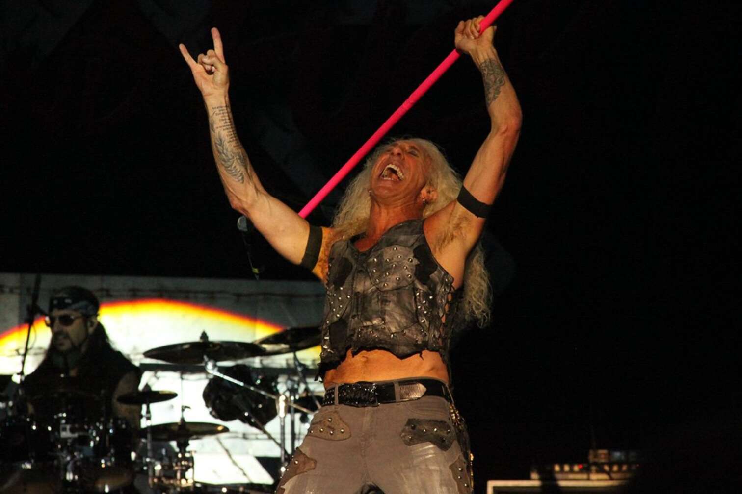 Twisted Sister-Frontmann Dee Snider hält einen pinken Mikrofonständer in die Luft