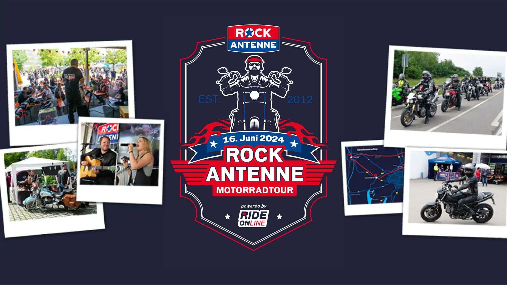 Poster der ROCK ANTENNE Motorradtour mit ein paar Polaroid-Fotos mit Eindrücken aus den letzten Jahren, dazu das Logo der ROCK ANTENNE Motorradtour mit dem Datum 16.06.2024