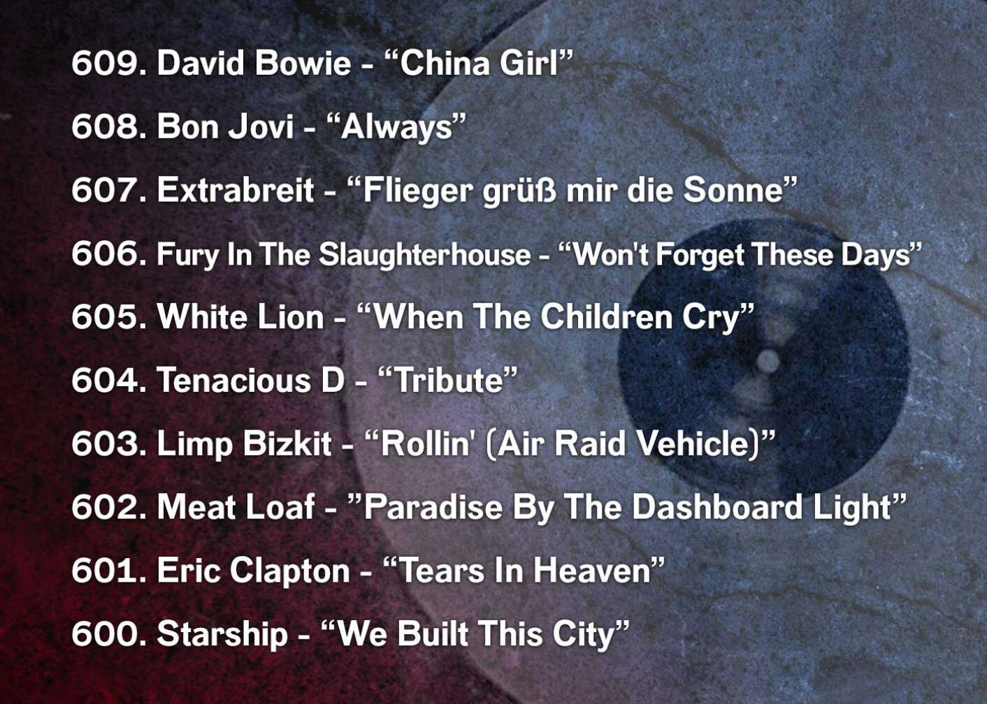 609. David Bowie - “China Girl” 608. Bon Jovi - “Always” 607. Extrabreit - “Flieger grüß mir die Sonne” 606. Fury In The Slaughterhouse - “Won't Forget These Days” 605. White Lion - “When The Children Cry” 604. Tenacious D - “Tribute” 603. Limp Bizkit - “Rollin' (Air Raid Vehicle)” 602. Meat Loaf - ”Paradise By The Dashboard Light” 601. Eric Clapton - “Tears In Heaven” 600. Starship - “We Built This City”