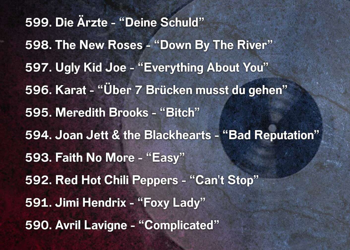 599. Die Ärzte - “Deine Schuld” 598. The New Roses - “Down By The River” 597. Ugly Kid Joe - “Everything About You” 596. Karat - “Über 7 Brücken musst du gehen” 595. Meredith Brooks - “Bitch” 594. Joan Jett & the Blackhearts - “Bad Reputation” 593. Faith No More - “Easy” 592. Red Hot Chili Peppers - “Can't Stop” 591. Jimi Hendrix - “Foxy Lady” 590. Avril Lavigne - “Complicated”