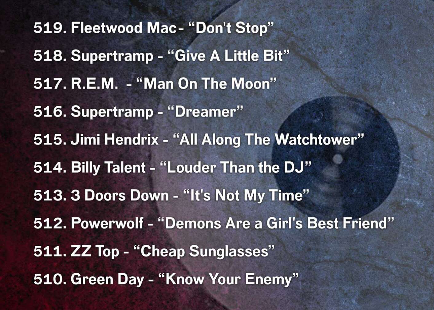 519. Fleetwood Mac	- “Don't Stop” 518. Supertramp - “Give A Little Bit” 517. R.E.M.	 - “Man On The Moon” 516. Supertramp - “Dreamer” 515. Jimi Hendrix - “All Along The Watchtower” 514. Billy Talent - “Louder Than the DJ” 513. 3 Doors Down - “It's Not My Time” 512. Powerwolf - “Demons Are a Girl's Best Friend” 511. ZZ Top - “Cheap Sunglasses” 510. Green Day - “Know Your Enemy”